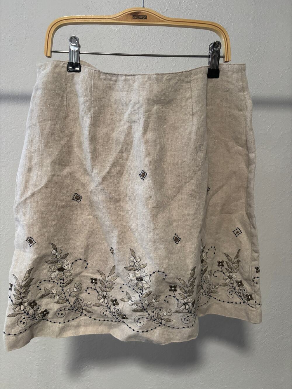 Vintage Ann Taylor Skirt Linen Embroidered Womens Size 8 Beige Cottagecore